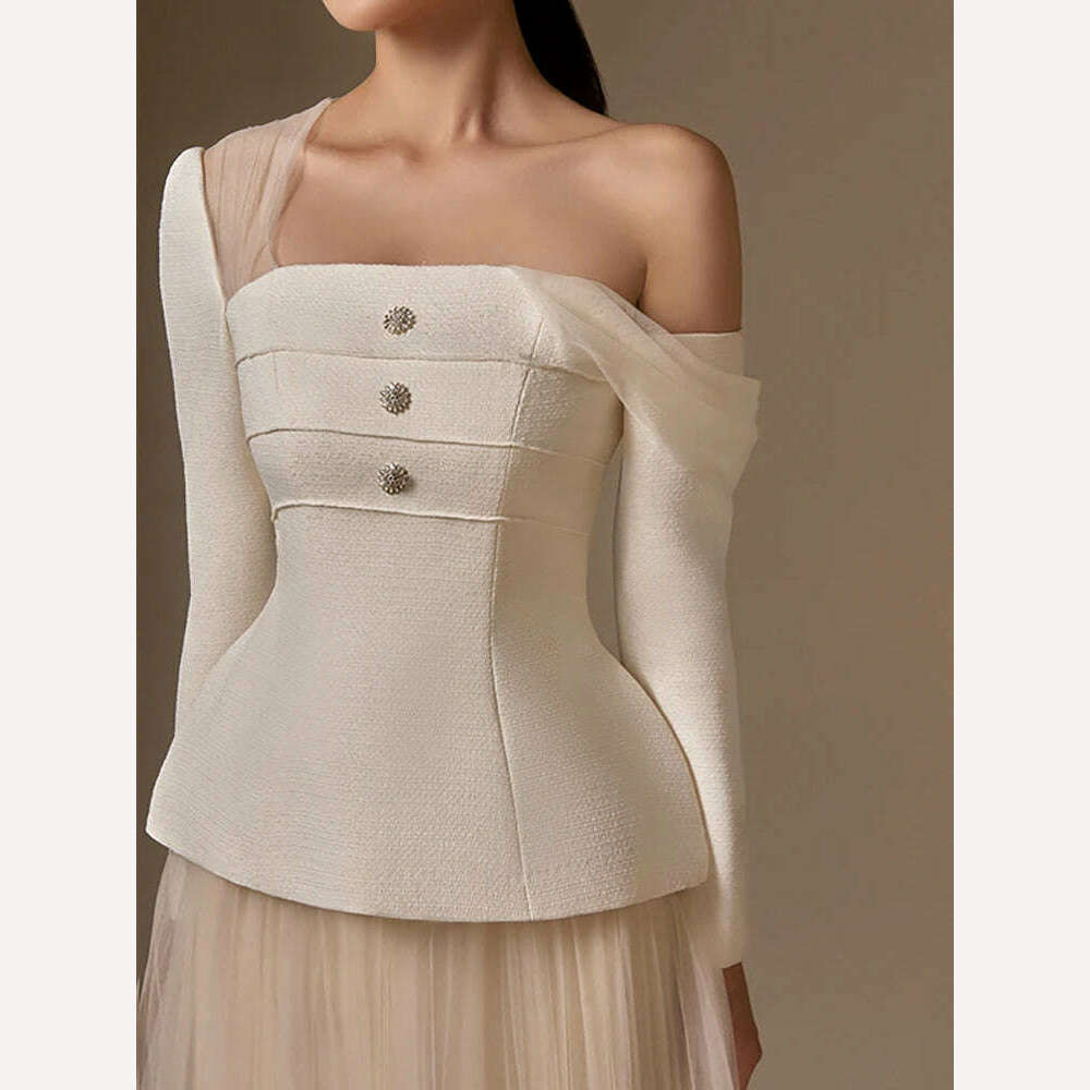 DEAT Elegant 2 Pcs Set Mesh Patchwork Skew Collar Off Shoulder Coat High Waist Pleated Skirt Women Suit 2024 Summer New 13DB3390 - KIMLUD