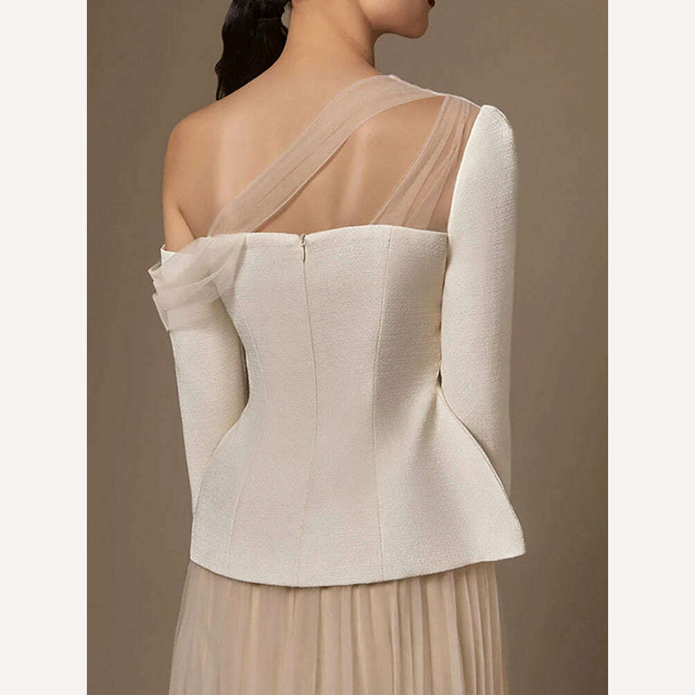 DEAT Elegant 2 Pcs Set Mesh Patchwork Skew Collar Off Shoulder Coat High Waist Pleated Skirt Women Suit 2024 Summer New 13DB3390 - KIMLUD