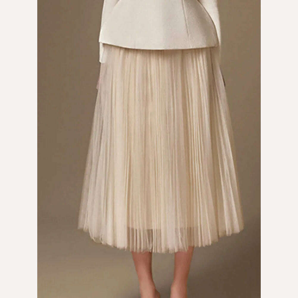 DEAT Elegant 2 Pcs Set Mesh Patchwork Skew Collar Off Shoulder Coat High Waist Pleated Skirt Women Suit 2024 Summer New 13DB3390 - KIMLUD
