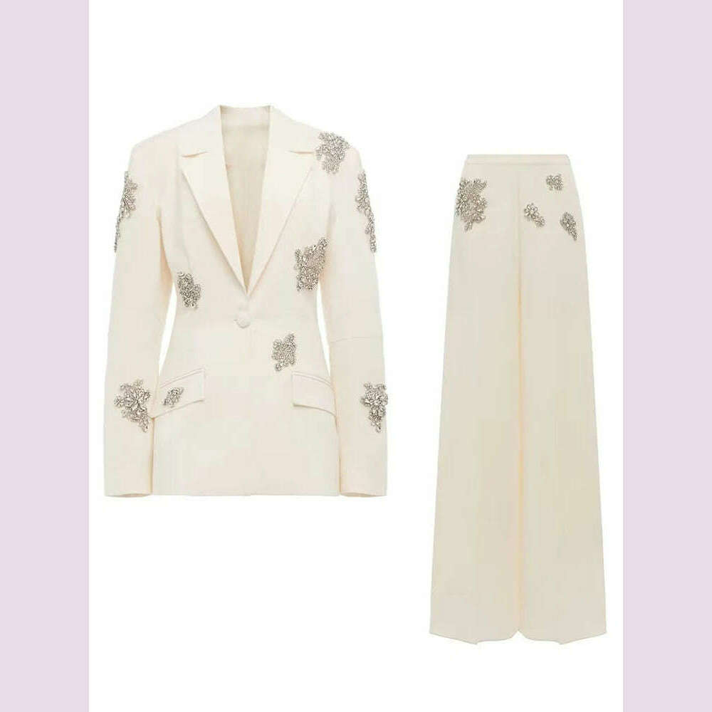 DEAT Elegant 2 Pcs Set Notched Diamond Embroidered Flares Blazer Straight Pant Women's Office Lady Suit 2024 Autumn New 35Z826 - KIMLUD