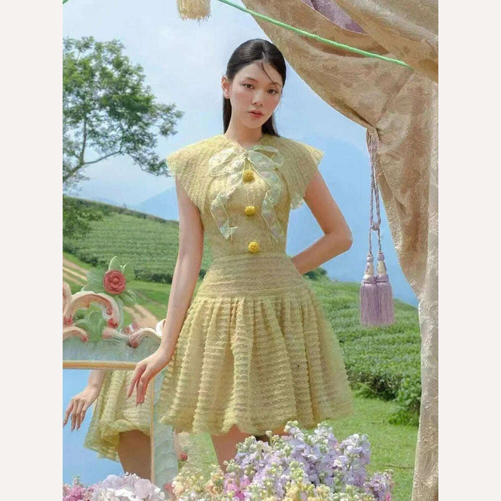 KIMLUD, DEAT Elegant Dress Bowknot Lace Doll Collar Buttons Lace Short Women's Evening Party Dresses 2024 Summer New Fashion 35Z315, Yellow / M, KIMLUD APPAREL - Womens Clothes