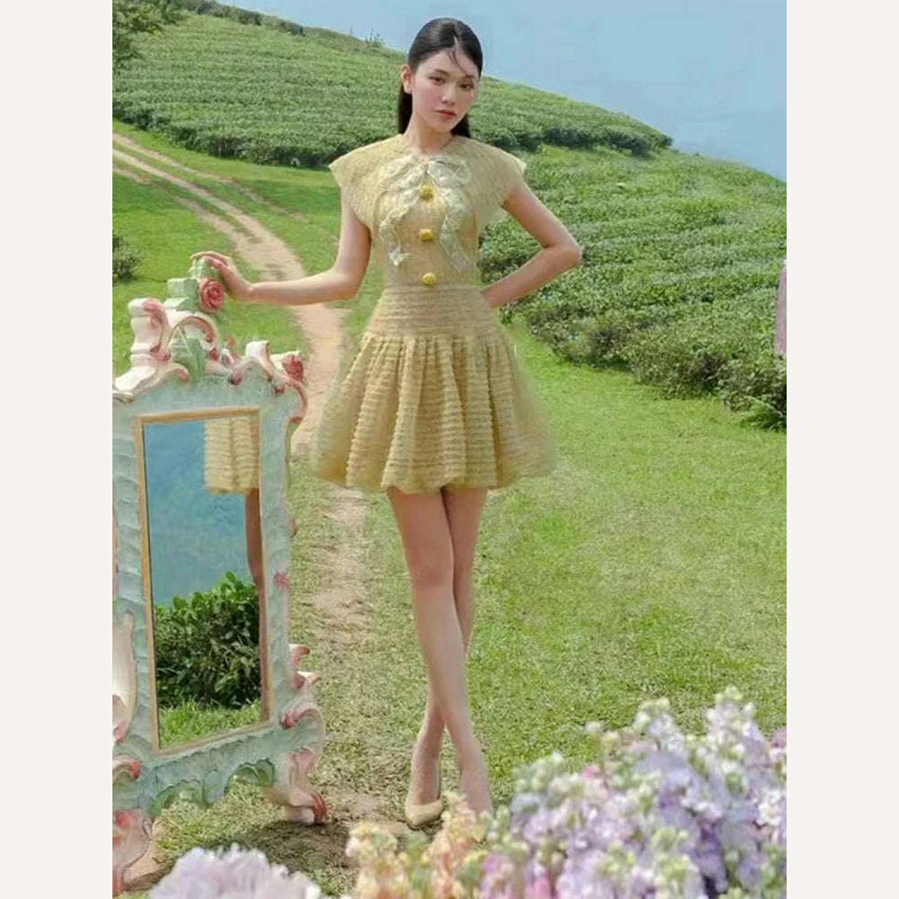 KIMLUD, DEAT Elegant Dress Bowknot Lace Doll Collar Buttons Lace Short Women's Evening Party Dresses 2024 Summer New Fashion 35Z315, KIMLUD Womens Clothes