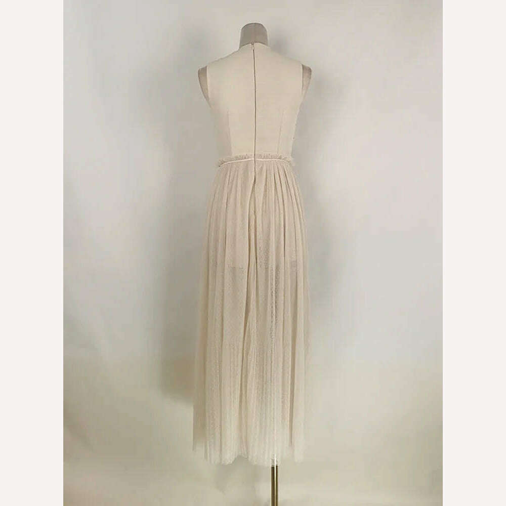 KIMLUD, DEAT Elegant Dress Gauze Embroidery O-Neck Slim Lace Up Waist Patchwork Slit Women's Holiday Dresses 2024 Summer New 13DB2220, KIMLUD Womens Clothes