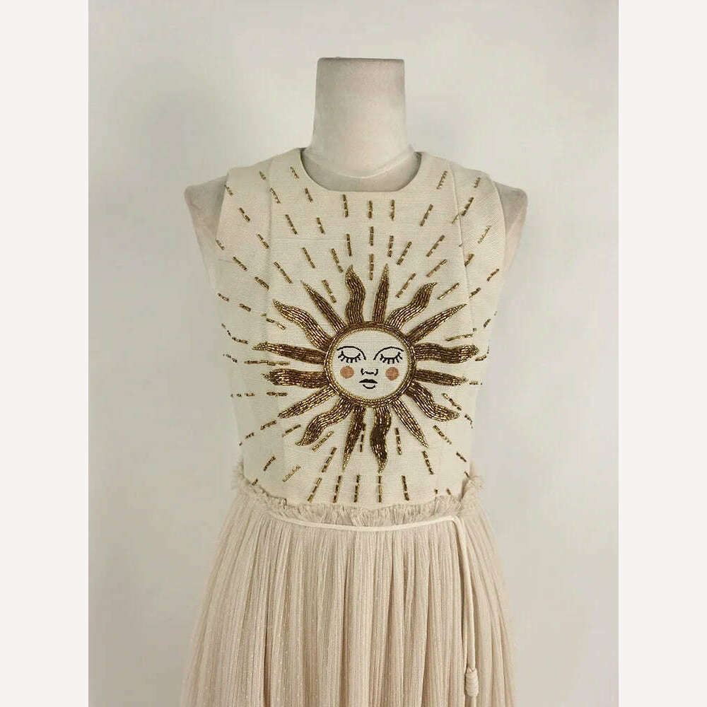 KIMLUD, DEAT Elegant Dress Gauze Embroidery O-Neck Slim Lace Up Waist Patchwork Slit Women's Holiday Dresses 2024 Summer New 13DB2220, KIMLUD Womens Clothes