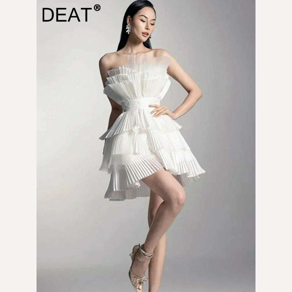 KIMLUD, DEAT Elegant Dress Multi-layer Gauze High Waist 3D Pleated Backless White Women's Evening Dresses 2024 Summer New Tide 13DB3444, KIMLUD Womens Clothes