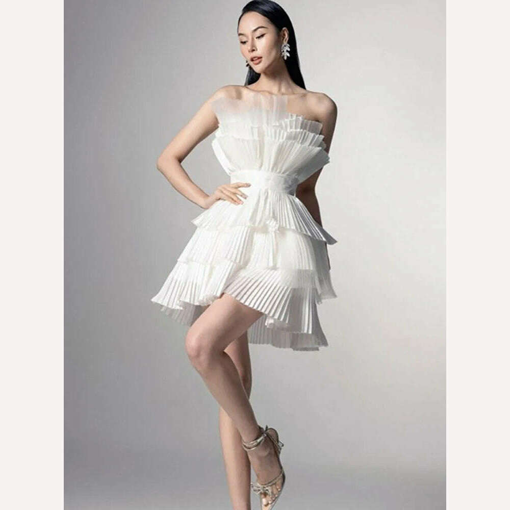 KIMLUD, DEAT Elegant Dress Multi-layer Gauze High Waist 3D Pleated Backless White Women's Evening Dresses 2024 Summer New Tide 13DB3444, KIMLUD Womens Clothes