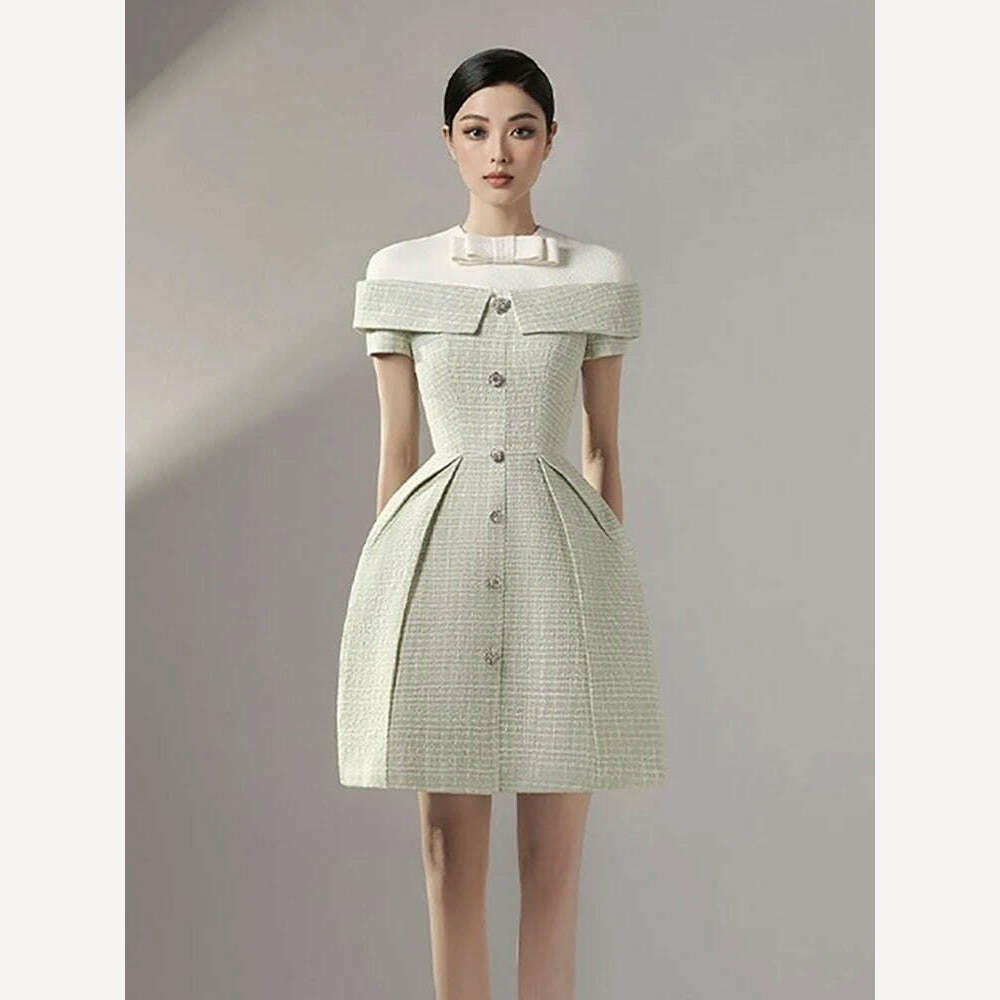 KIMLUD, DEAT Elegant Dress O-neck Bowknot Contrast Color Buttons A-line Women's Evening Party Dresses 2024 Spring New Fashion 13DB3854, Green / S, KIMLUD APPAREL - Womens Clothes