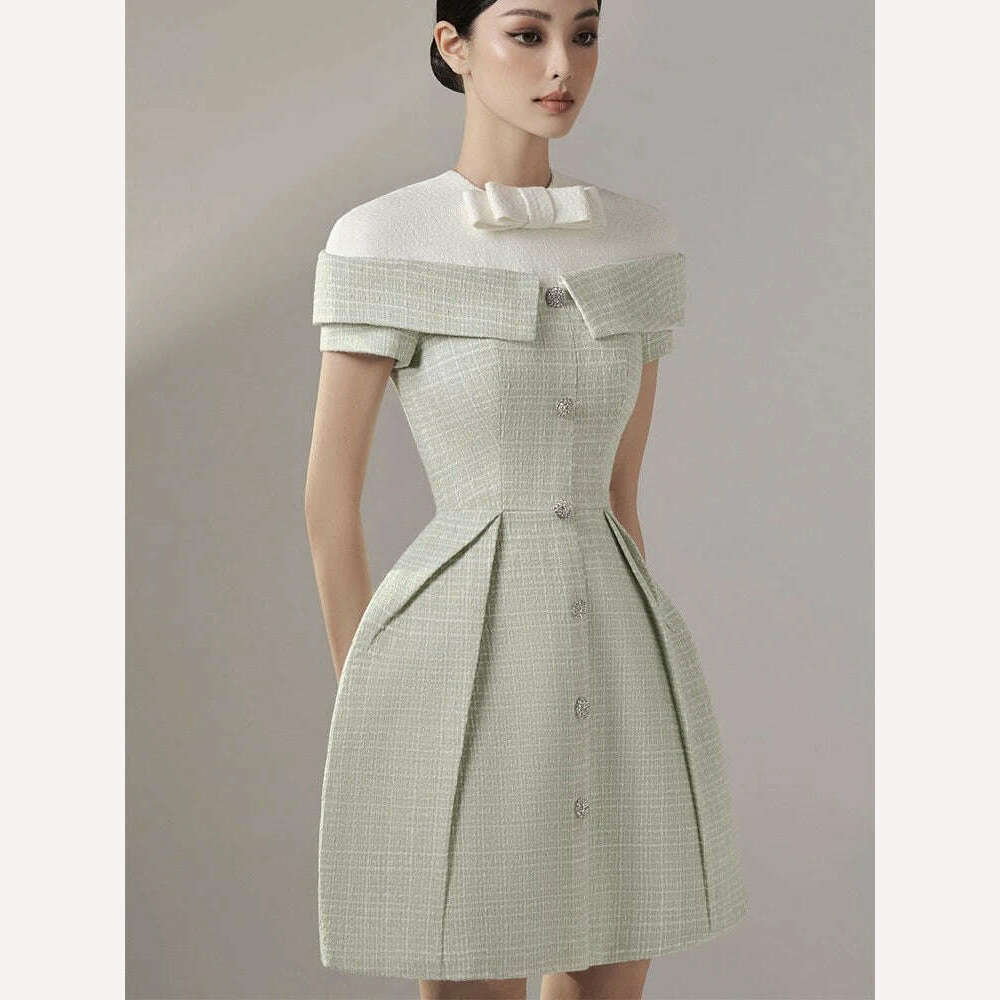 KIMLUD, DEAT Elegant Dress O-neck Bowknot Contrast Color Buttons A-line Women's Evening Party Dresses 2024 Spring New Fashion 13DB3854, KIMLUD Womens Clothes