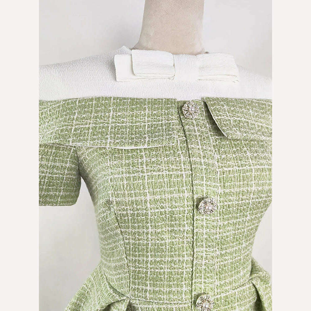 KIMLUD, DEAT Elegant Dress O-neck Bowknot Contrast Color Buttons A-line Women's Evening Party Dresses 2024 Spring New Fashion 13DB3854, KIMLUD Womens Clothes