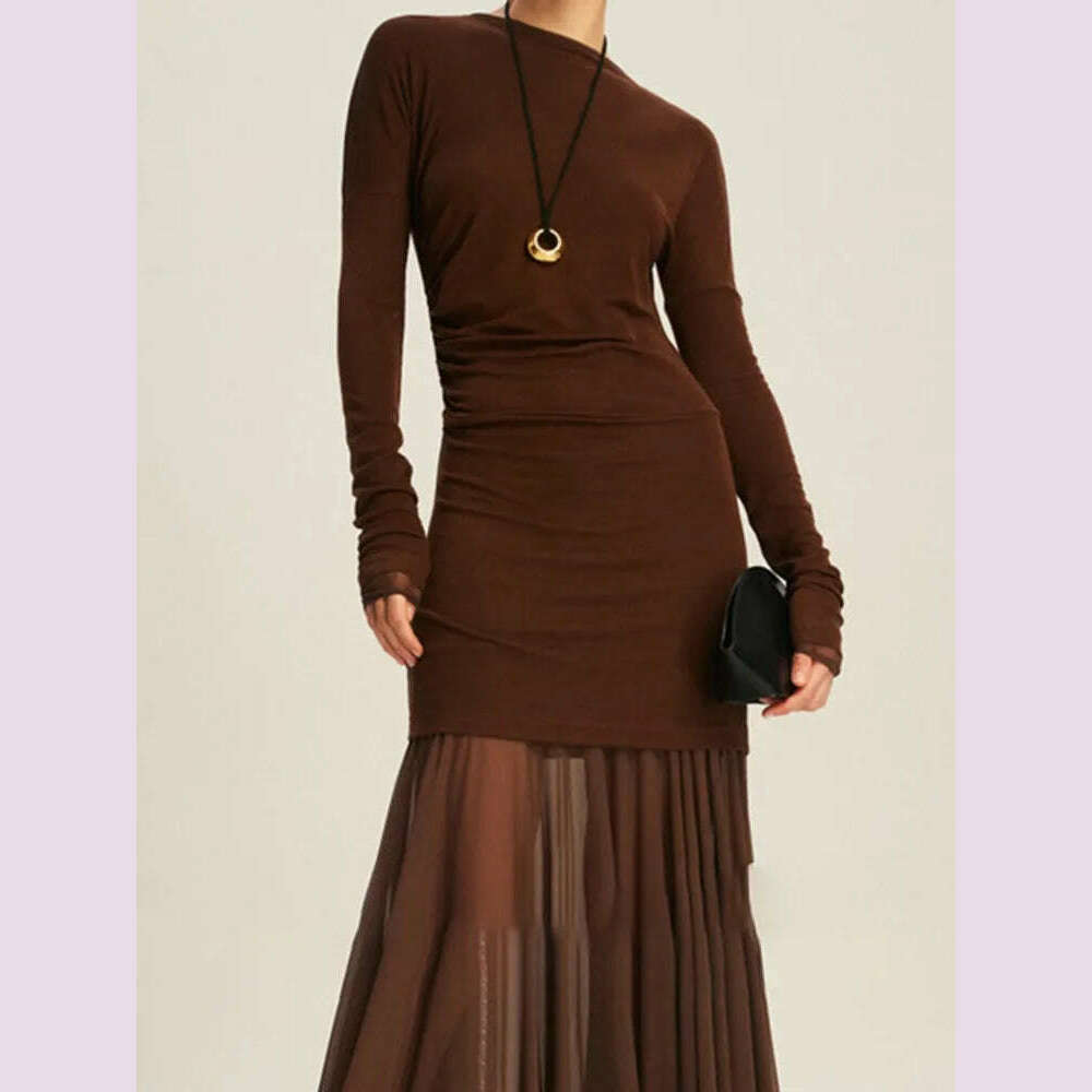 KIMLUD, DEAT Elegant Dress O-neck Long Sleeve Elastic Gauze Patchwork Pleated Women's Evening Party Dresses 2024 Autumn New Tide 35Z1131, KIMLUD Womens Clothes