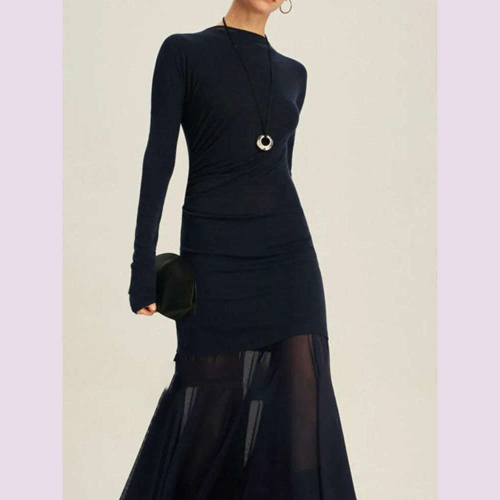 KIMLUD, DEAT Elegant Dress O-neck Long Sleeve Elastic Gauze Patchwork Pleated Women's Evening Party Dresses 2024 Autumn New Tide 35Z1131, KIMLUD Womens Clothes