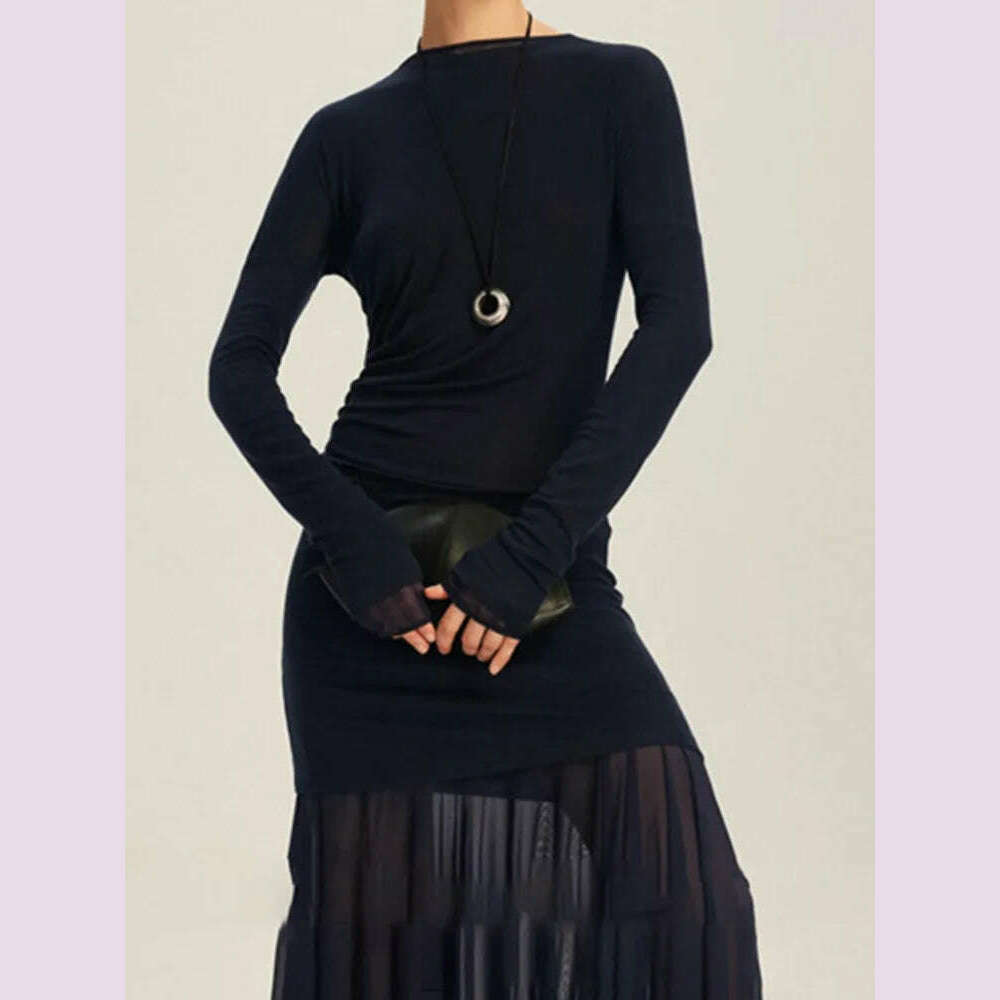 KIMLUD, DEAT Elegant Dress O-neck Long Sleeve Elastic Gauze Patchwork Pleated Women's Evening Party Dresses 2024 Autumn New Tide 35Z1131, KIMLUD Womens Clothes