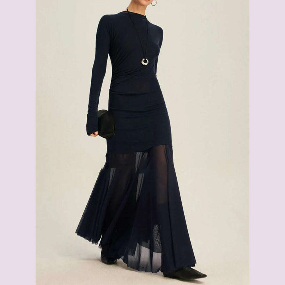 KIMLUD, DEAT Elegant Dress O-neck Long Sleeve Elastic Gauze Patchwork Pleated Women's Evening Party Dresses 2024 Autumn New Tide 35Z1131, Sailor Blue / S, KIMLUD APPAREL - Womens Clothes