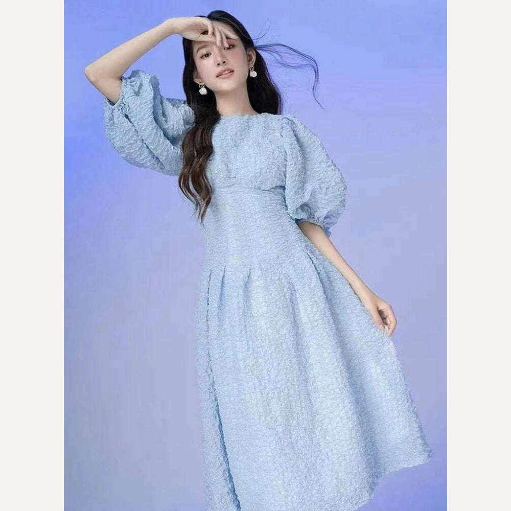 DEAT Elegant Dress O-neck Puff Sleeve Hollow Out  Lace-up Pleated Women's Evening Party Dresses 2024 Spring New Fashion 35Z198, Light Blue / S, KIMLUD Women's Clothes