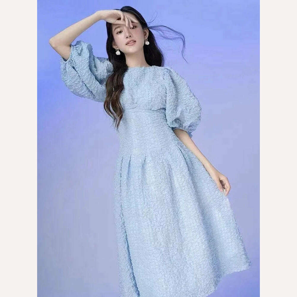 DEAT Elegant Dress O-neck Puff Sleeve Hollow Out Lace-up Pleated Women's Evening Party Dresses 2024 Spring New Fashion 35Z198 - KIMLUD