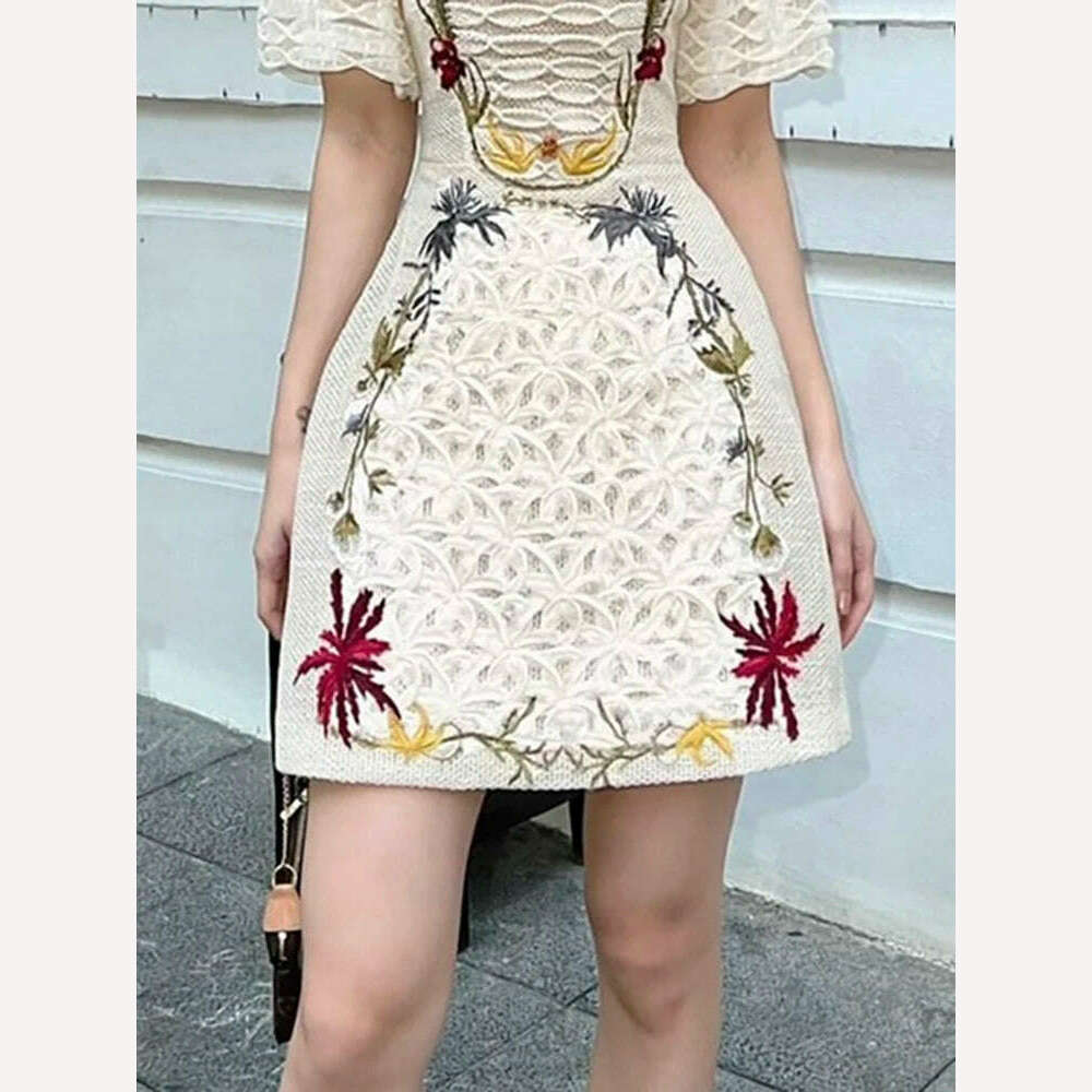 KIMLUD, DEAT Elegant Dress Puff Sleeve Patchwork High Waist Embroidery Flowers A-line Women's Dresses 2024 Spring New Fashion 13DB3768, KIMLUD Womens Clothes