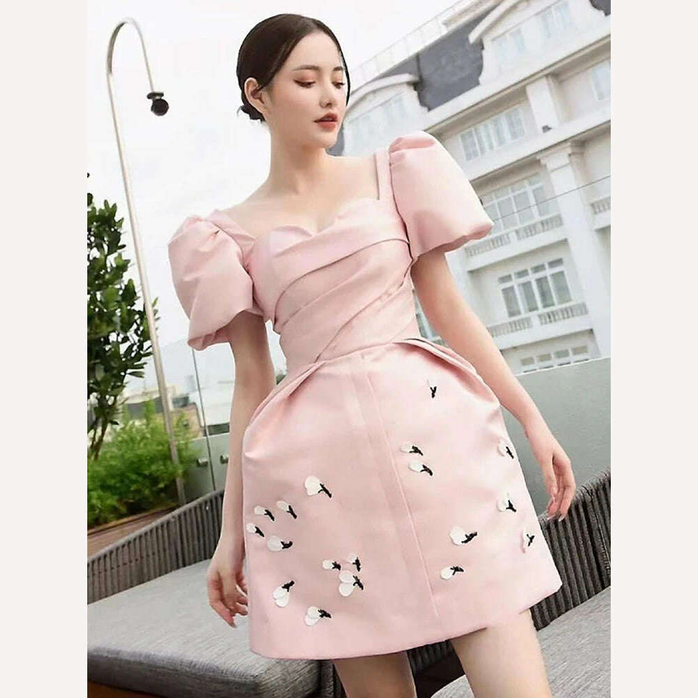 DEAT Elegant Dress Puff Sleeve Square Collar Pink Embroidered Flowers Mini Women's Party Dress 2024 Spring New Fashion 13DB4005, KIMLUD Women's Clothes