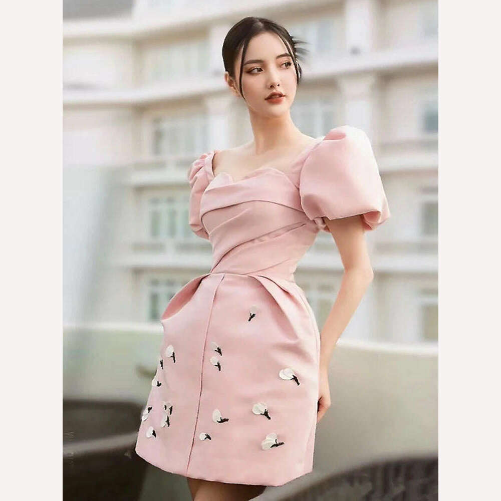 KIMLUD, DEAT Elegant Dress Puff Sleeve Square Collar Pink Embroidered Flowers Mini Women's Party Dress 2024 Spring New Fashion 13DB4005, KIMLUD Womens Clothes