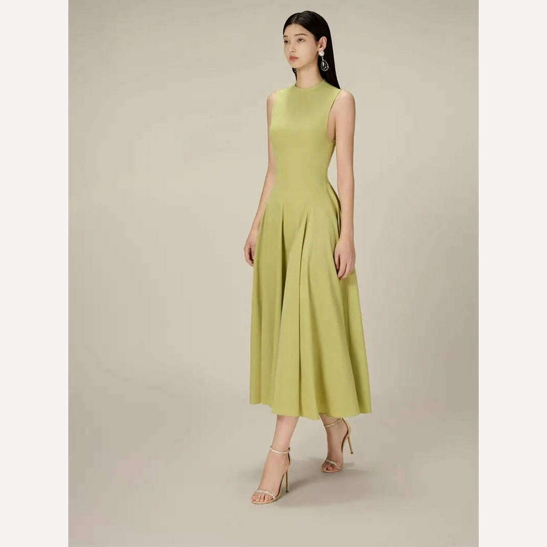 KIMLUD, DEAT Elegant Dress Round Neck Patchwork Slim Waist Sleeveless Big Swing Mid-calf Women's Party Dresses 2024 Summer New 13DB2557, M / Matcha Color, KIMLUD Womens Clothes