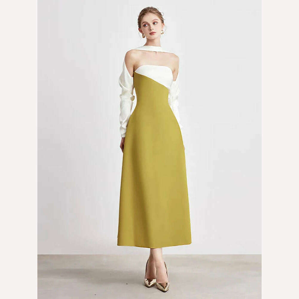 DEAT Elegant Dress Strapless Off Shoulder Contrast Color Asymmetric Women's Party Halter Dress 2024 Summer New Fashion 13DB4516 - KIMLUD