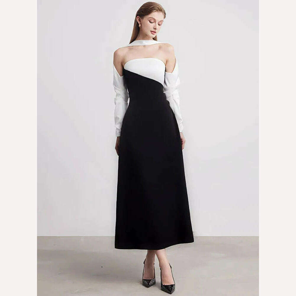 KIMLUD, DEAT Elegant Dress Strapless Off Shoulder Contrast Color Asymmetric Women's Party Halter Dress 2024 Summer New Fashion 13DB4516, XL / Black, KIMLUD Womens Clothes