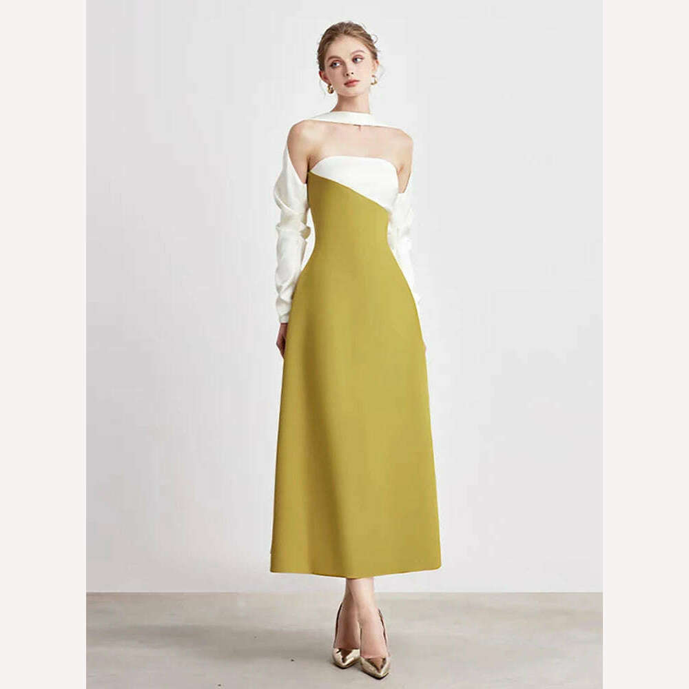 KIMLUD, DEAT Elegant Dress Strapless Off Shoulder Contrast Color Asymmetric Women's Party Halter Dress 2024 Summer New Fashion 13DB4516, M / Mustard green, KIMLUD Womens Clothes