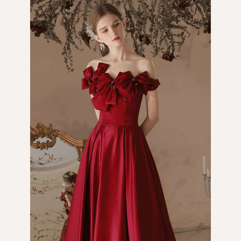 KIMLUD, DEAT Elegant Dress Strapless Pure Color Bowknot Pearl High Waist Lace-up Women's Evening Dresses 2024 Spring New Fashion 35Z24, Wine red / Xs, KIMLUD APPAREL - Womens Clothes