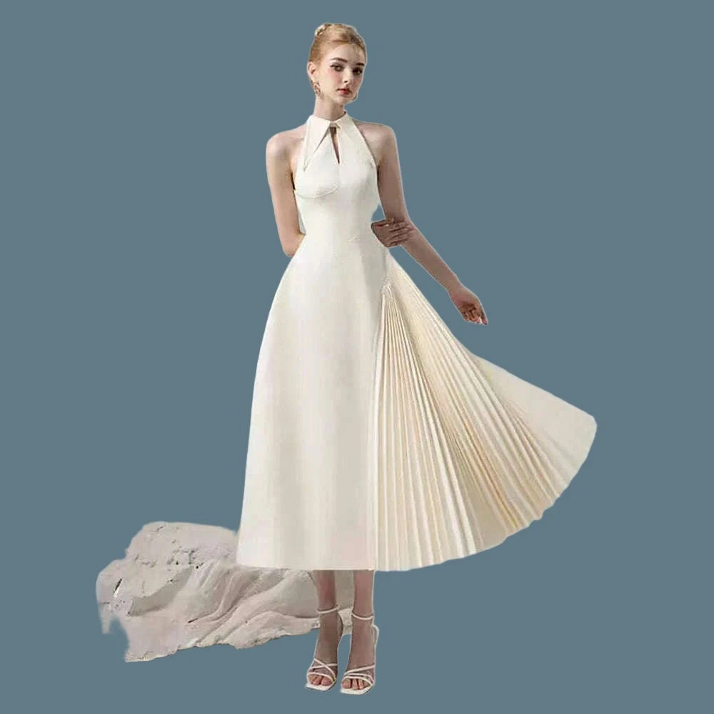 KIMLUD, DEAT Elegant Sleeveless Patchwork Halter Dress Pleated Asymmetric Design Women's Evening Wear for Summer Fashion 2024, KIMLUD Womens Clothes