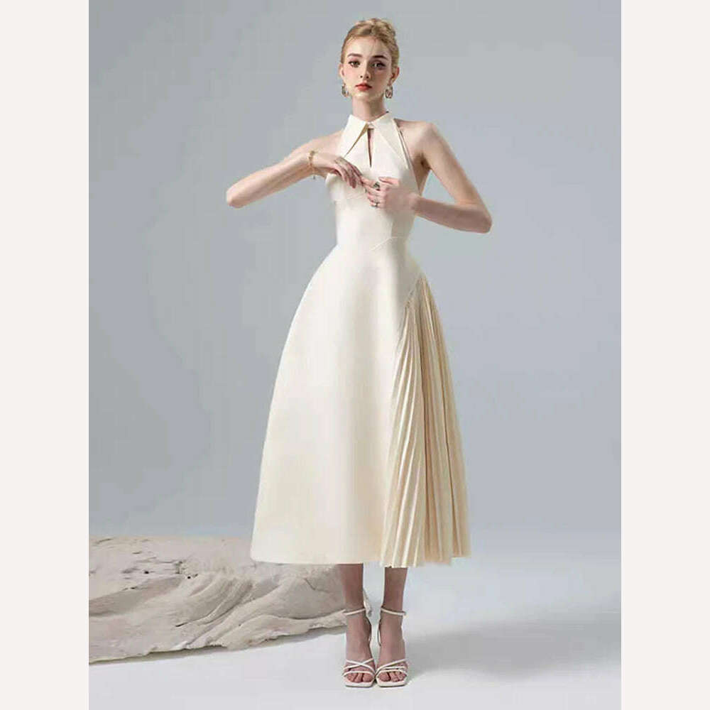 KIMLUD, DEAT Elegant Sleeveless Patchwork Halter Dress Pleated Asymmetric Design Women's Evening Wear for Summer Fashion 2024, KIMLUD Womens Clothes