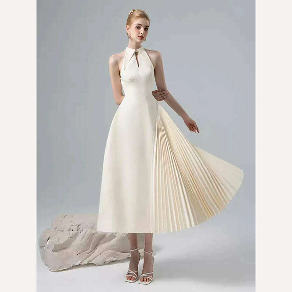 KIMLUD, DEAT Elegant Sleeveless Patchwork Halter Dress Pleated Asymmetric Design Women's Evening Wear for Summer Fashion 2024, S / apricot, KIMLUD Womens Clothes