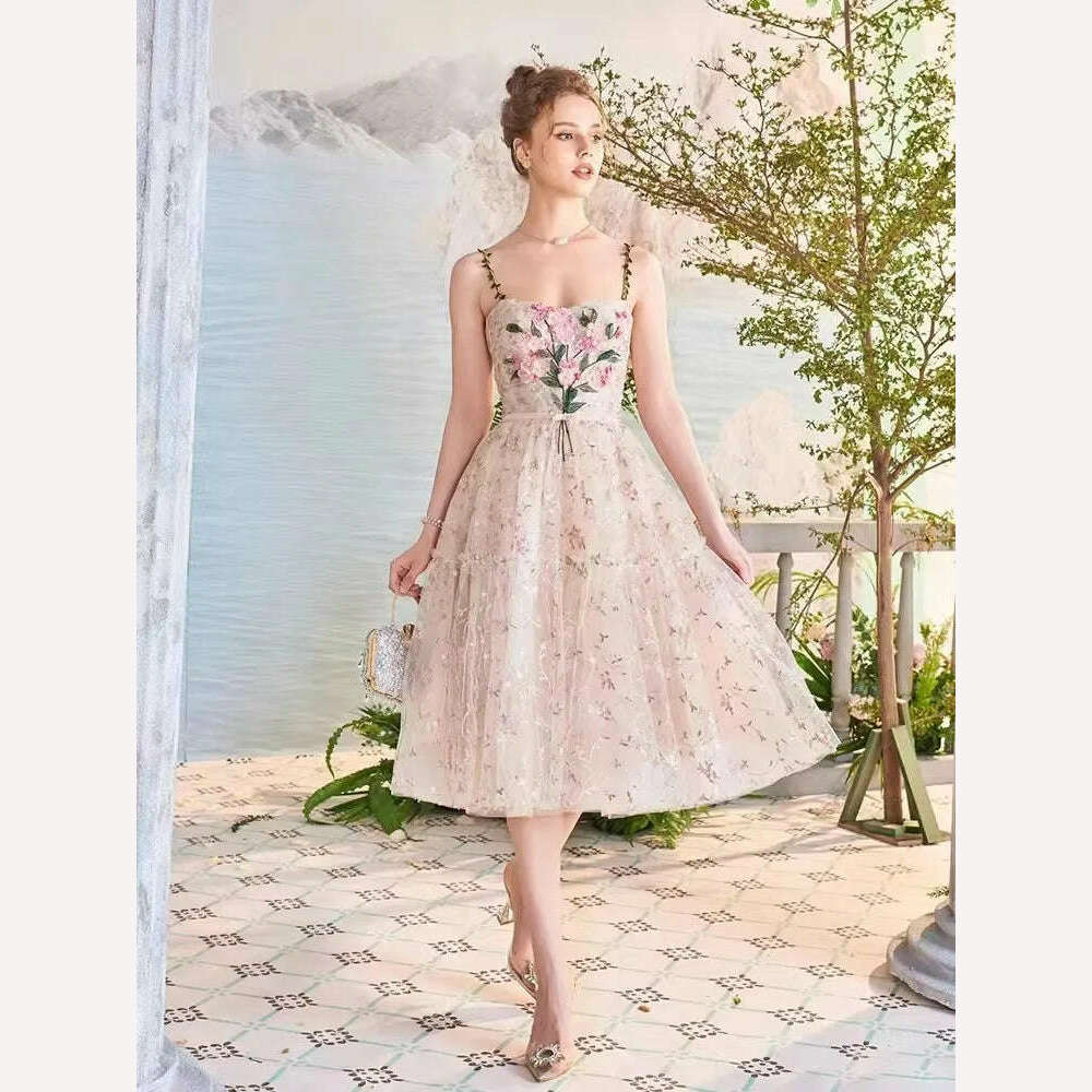 DEAT Elegant Slip Dress Embroidered 3d Floral Pearls Woven Leaves Shoulder Straps Women's Dress 2024 Spring New Fashion 13DB2580, KIMLUD Women's Clothes