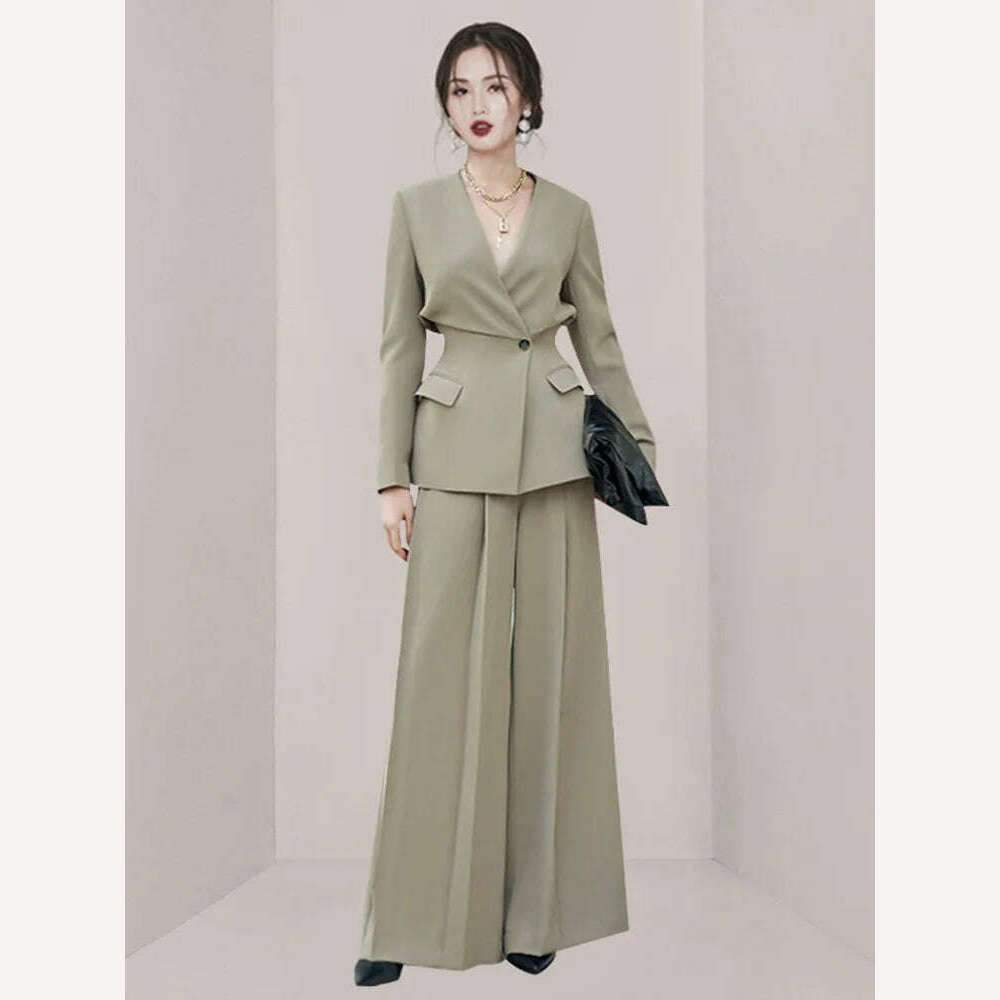 KIMLUD, DEAT Elegant Wide Leg Pants Set Long Sleeve V-Neck Blazer Gathered Waist Loose Office Lady Ensemble Spring New 2024, Gray / L, KIMLUD Womens Clothes