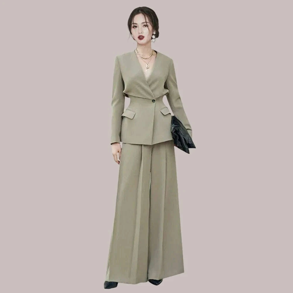 KIMLUD, DEAT Elegant Wide Leg Pants Set Long Sleeve V-Neck Blazer Gathered Waist Loose Office Lady Ensemble Spring New 2024, KIMLUD Womens Clothes