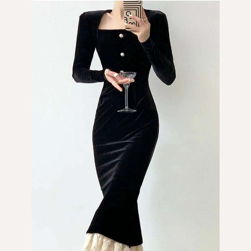 KIMLUD, DEAT Elegant Women's Evening Dress full sleeve velvet square neck patchwork slim fit for Spring Season 2024, KIMLUD Womens Clothes