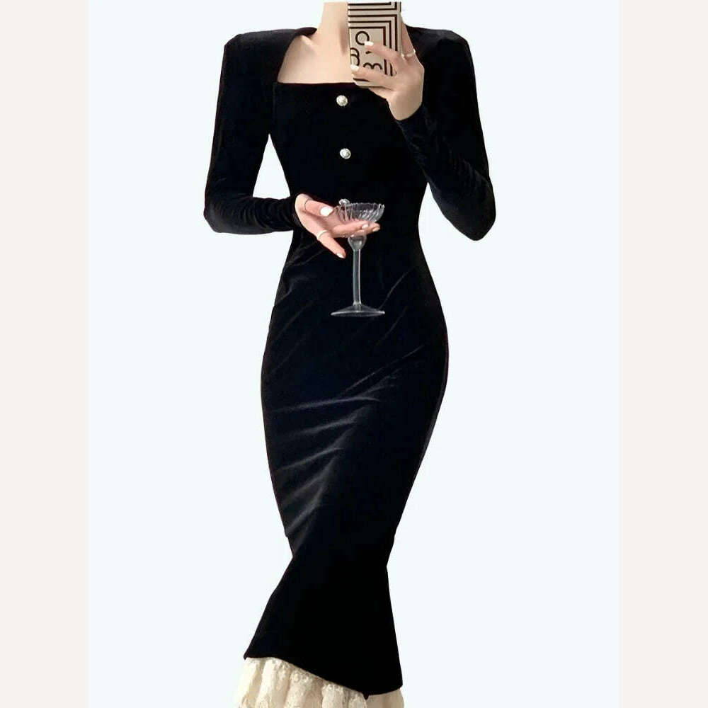 KIMLUD, DEAT Elegant Women's Evening Dress full sleeve velvet square neck patchwork slim fit for Spring Season 2024, KIMLUD Womens Clothes