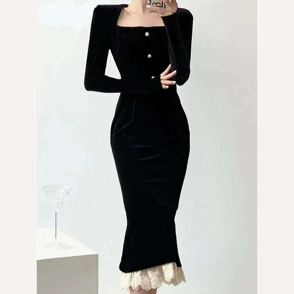 KIMLUD, DEAT Elegant Women's Evening Dress full sleeve velvet square neck patchwork slim fit for Spring Season 2024, Black / S, KIMLUD Womens Clothes