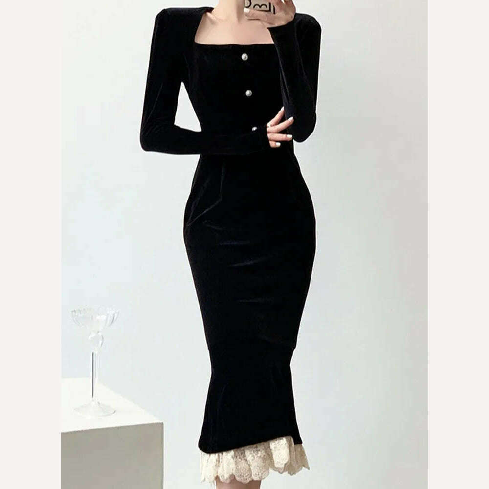 KIMLUD, DEAT Elegant Women's Evening Dress full sleeve velvet square neck patchwork slim fit for Spring Season 2024, KIMLUD Womens Clothes