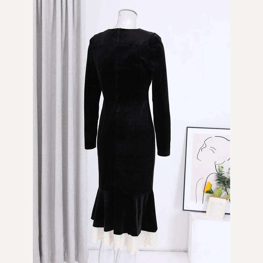 KIMLUD, DEAT Elegant Women's Evening Dress full sleeve velvet square neck patchwork slim fit for Spring Season 2024, KIMLUD Womens Clothes