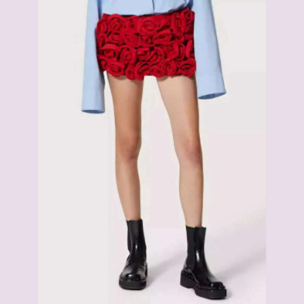 KIMLUD, DEAT Fashion Three-dimensional Rose Flower Decoration Women's Shorts Mid Waist Red Mini Shorts Skirts Summer 2024 New 7AB3821, KIMLUD Womens Clothes