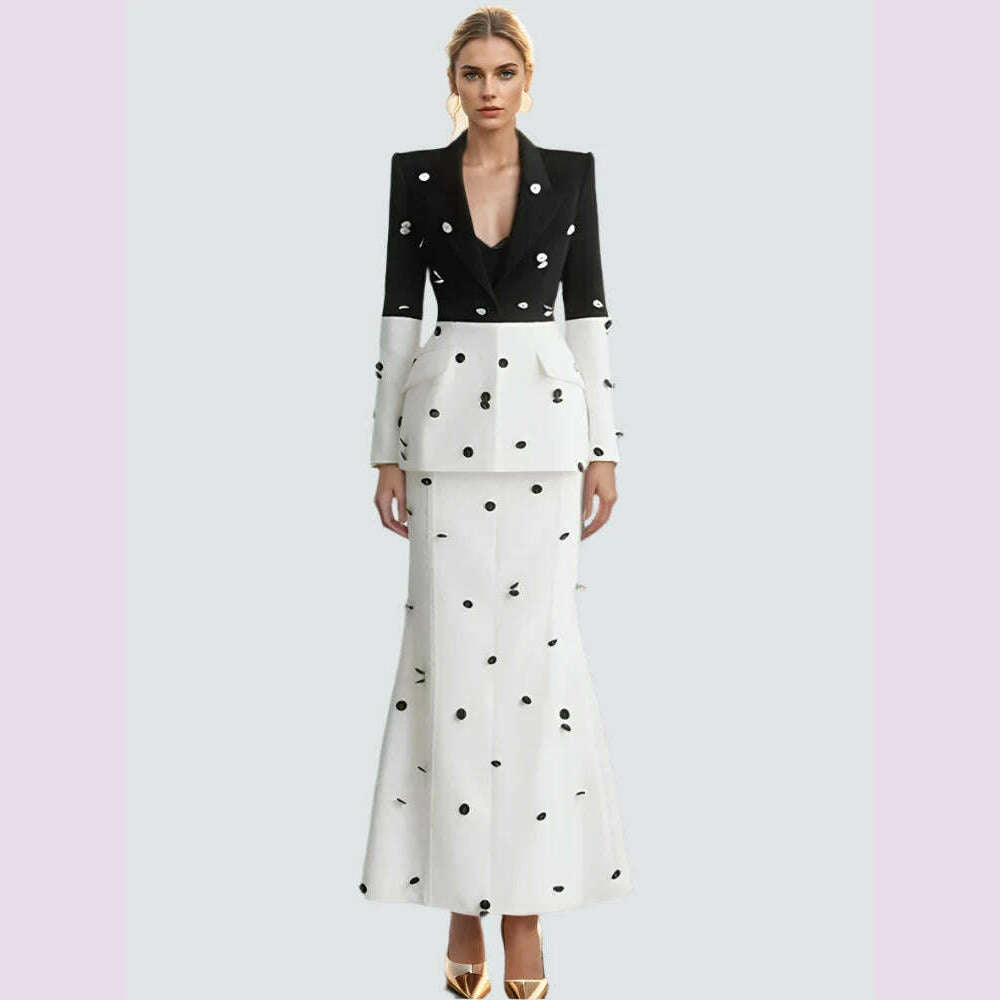 DEAT Fashion Women 2 Pcs Set Blazer Contrast Color Sequin Decorate Slim Hip Wrapping Fishtail Skirt Suit Autumn 2024 New 7AB4672 - KIMLUD