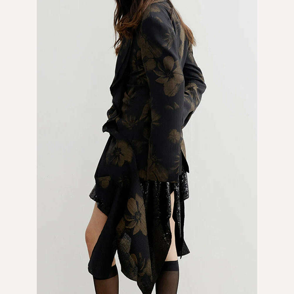 KIMLUD, DEAT Fashion Women Blazer Notched Collar Long Sleeve Hidden Breasted Print Asymmetric Ruffle Suit Jacket Summer 2023 New 17A7183, KIMLUD Womens Clothes