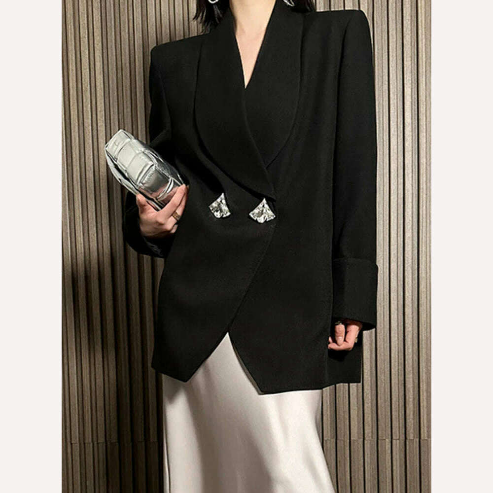 KIMLUD, DEAT Fashion Women Blazer Shawl Collar Long Sleeves Pocket Diamond Button Loose Solid Color Suit Jackets Autumn 2024 New 17A9554, KIMLUD Womens Clothes