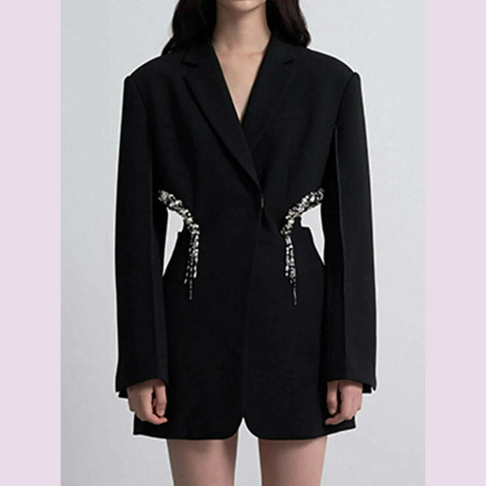 DEAT Fashion Women&#39;s Blazer Notched Collar Hidden Breasted Long Sleeve Hollow Out Spliced Crystal Suit summer 2023 New 17A7109 - KIMLUD