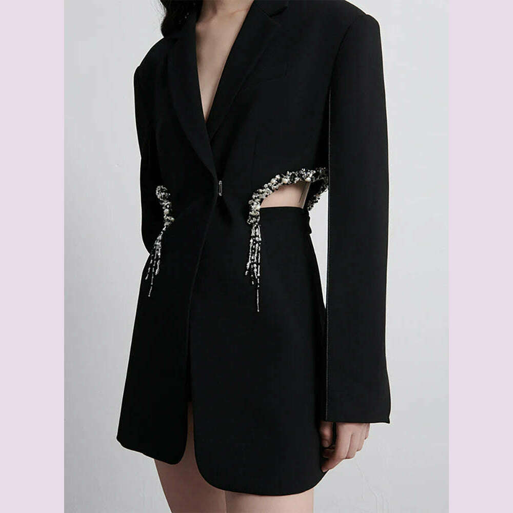 DEAT Fashion Women&#39;s Blazer Notched Collar Hidden Breasted Long Sleeve Hollow Out Spliced Crystal Suit summer 2023 New 17A7109 - KIMLUD