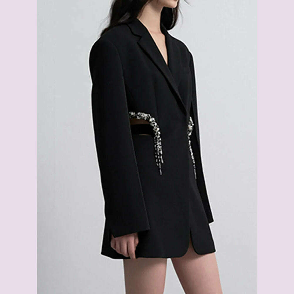 DEAT Fashion Women&#39;s Blazer Notched Collar Hidden Breasted Long Sleeve Hollow Out Spliced Crystal Suit summer 2023 New 17A7109 - KIMLUD