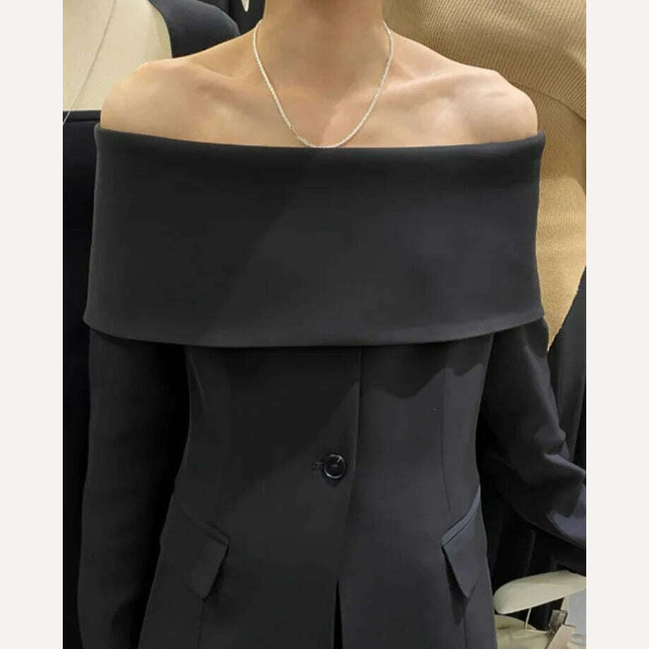 KIMLUD, DEAT Fashion Women's Blazer New Slash Neck Slim Single Breasted Off Shoulder Long Sleeve Black Suit Jackets Autumn 2023 17A822H, Black / S, KIMLUD Womens Clothes