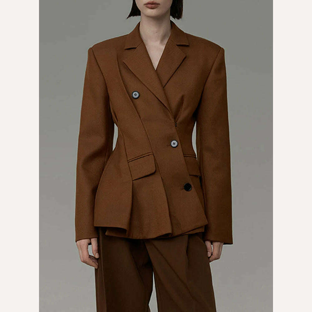 DEAT Fashion Women's Blazer Notched Collar Long Sleeve Diagonal Single Breasted Folds Waist Suit Jacket Spring 2024 New 7AB1120, KIMLUD Women's Clothes