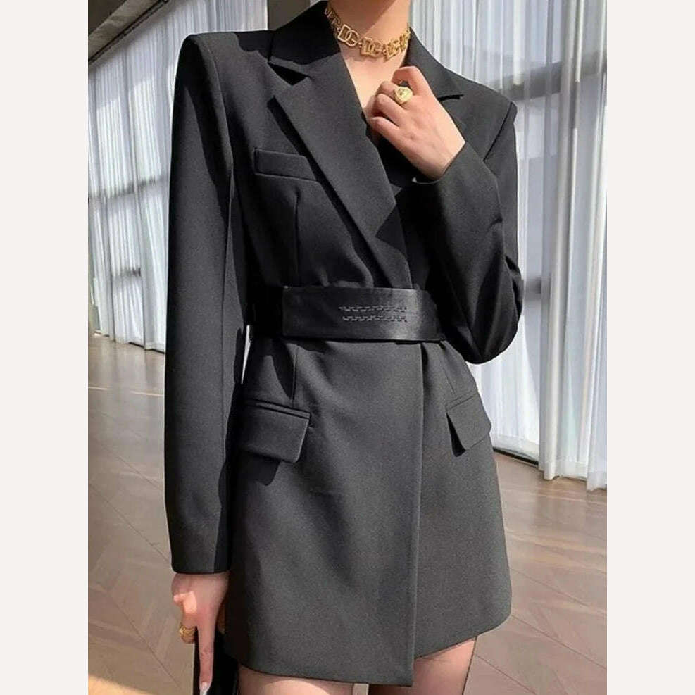 KIMLUD, DEAT Fashion Women's Blazer Notched Collar Single Button Elastic Sashes Long Sleeve Khaki Suit Jackets Spring 2024 New CPDB047, KIMLUD Womens Clothes