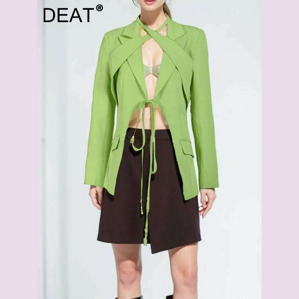 DEAT Fashion Women's Blazer Notched Lace-up Slim Pockets Patchwork Deconstruction Green Suit Jackets Autumn 2024 New Tide CP1984 - KIMLUD