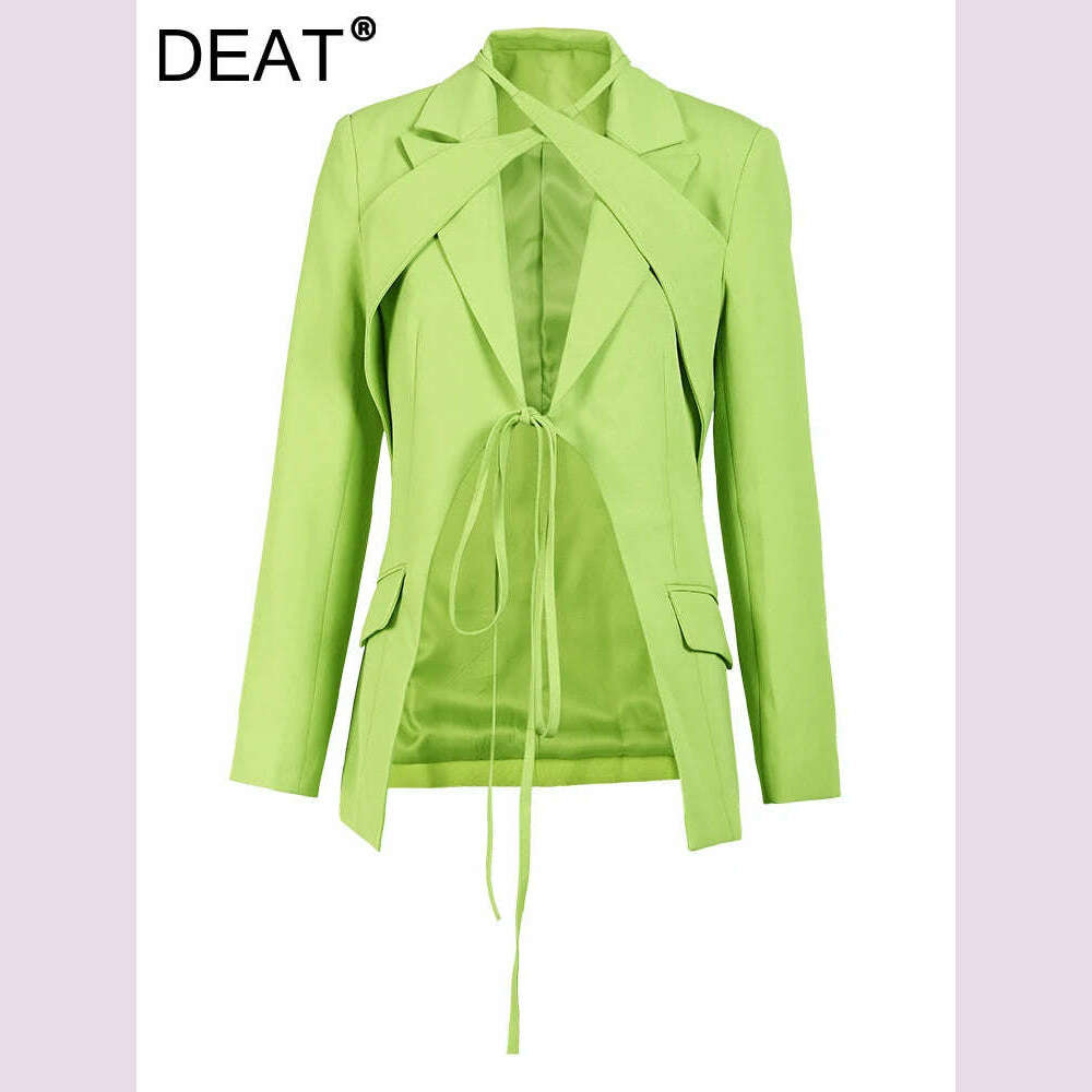 DEAT Fashion Women's Blazer Notched Lace-up Slim Pockets Patchwork Deconstruction Green Suit Jackets Autumn 2024 New Tide CP1984 - KIMLUD
